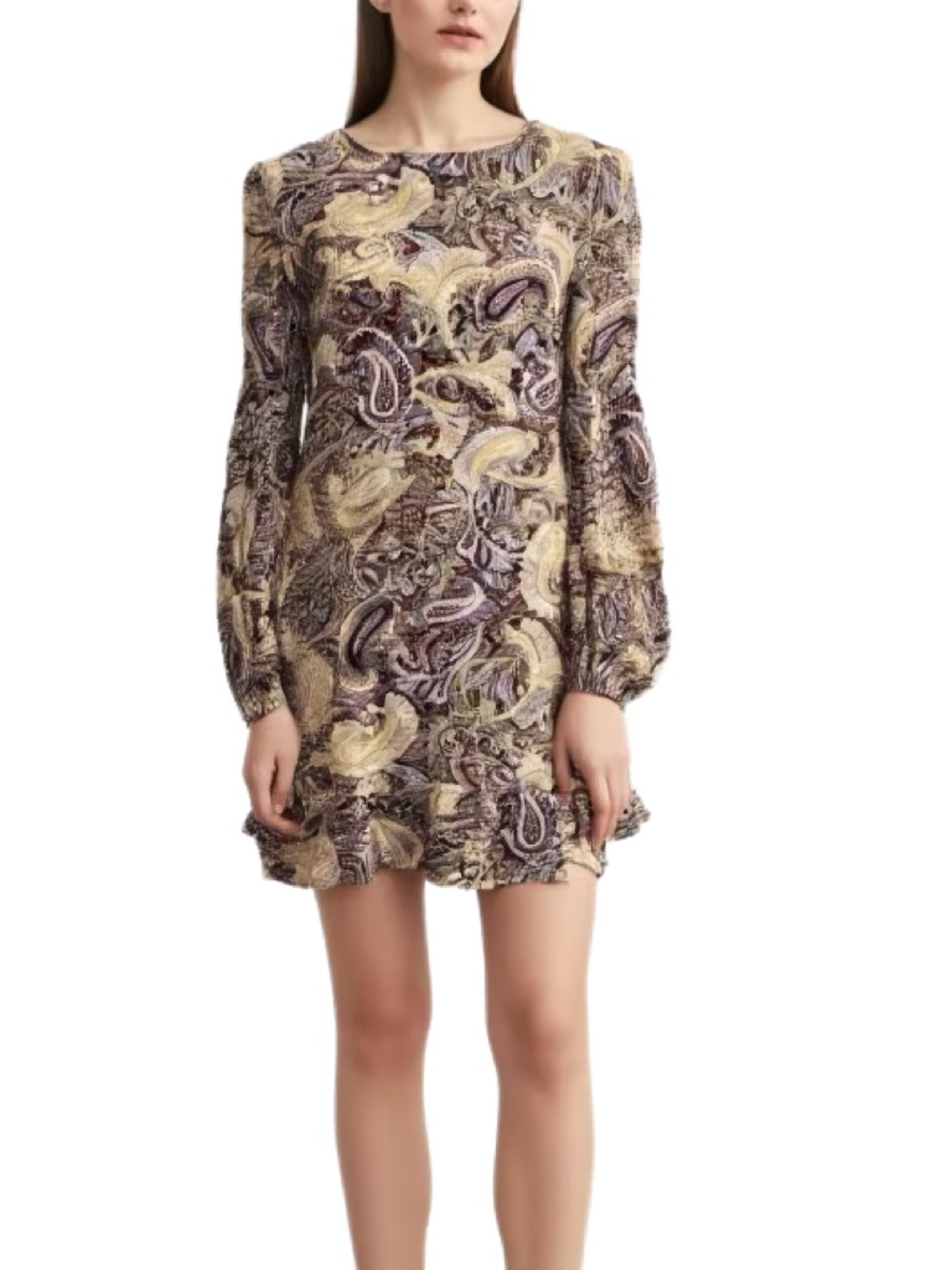 Sanctuary Paisley Shift Dress in Taupe and Purple with Ruffle Hem Size Small